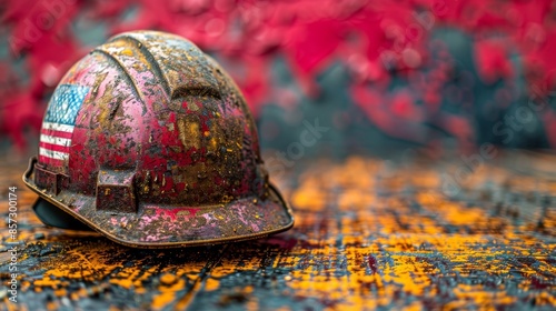 A well-worn hard hat adorned with an American flag decal stands out against a vibrant red background, symbolizing hard work, resilience, and patriotism. photo