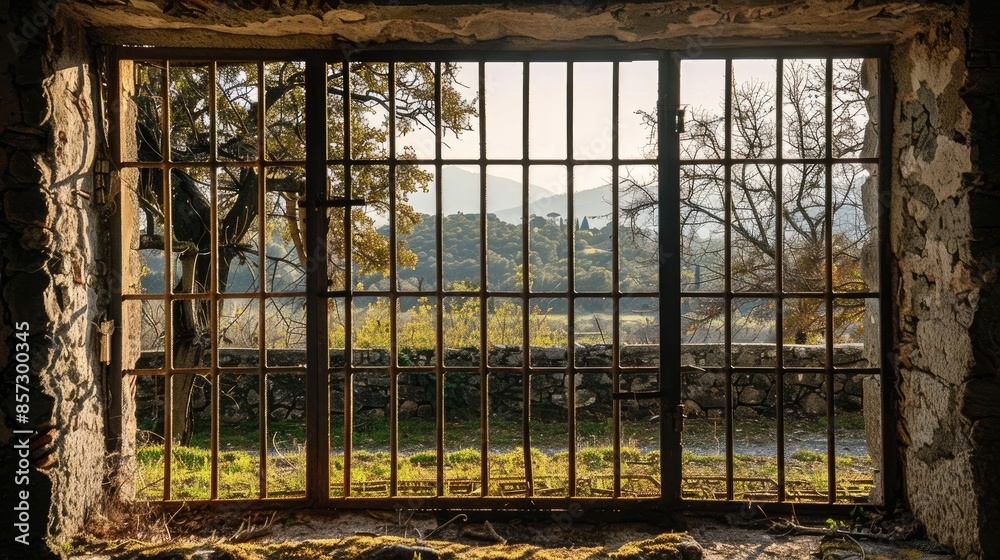 Rural scene through barred window in historic area Rural scene through barred window in historic area