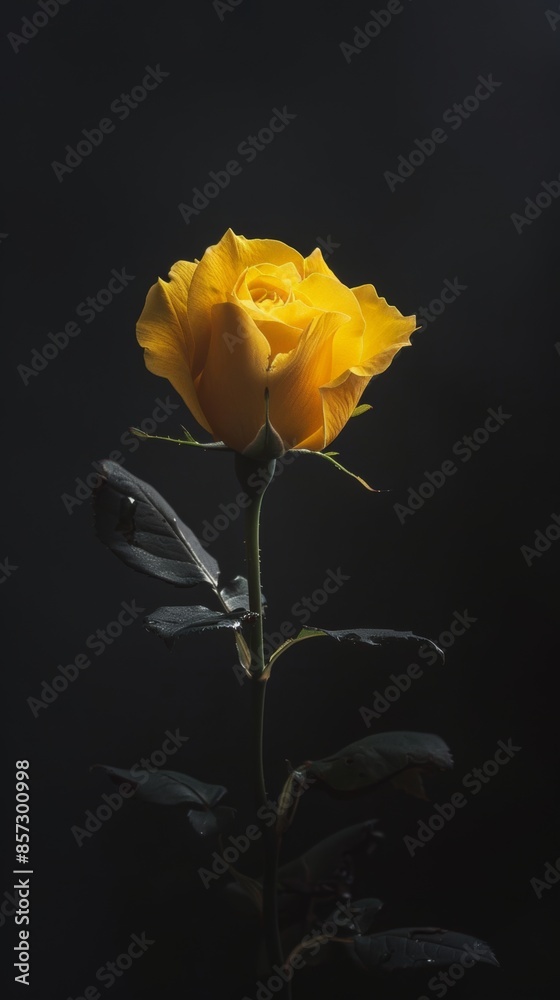 Fototapeta premium Yellow rose with dark background, dramatic lighting, nature bloom concept
