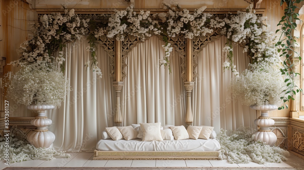 Obraz premium Ornate Wedding Ceremony Setup With White Flowers and Drapes