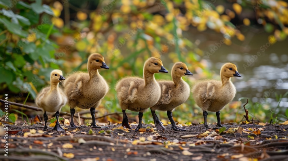 Obraz premium Goslings lined up along autumn shore