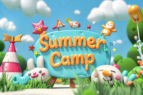 Editable text effect Summer Camp 3d Cartoon template style, with writing “ Summer Camp “