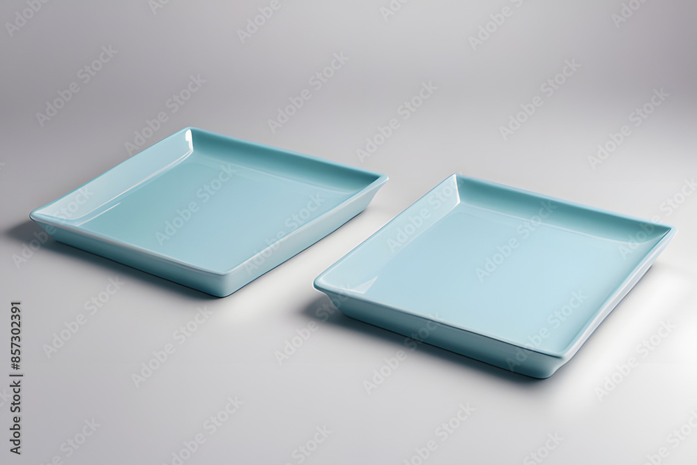 The image features a set of four light blue ceramic dishes arranged on a plain surface. The dishes vary in shape and size, including two rectangular trays, one small square dish, and a round bowl. The image features a set of four light blue ceramic dishes arranged on a plain surface. The dishes vary in shape and size, including two rectangular trays, one small square dish, and a round bowl.