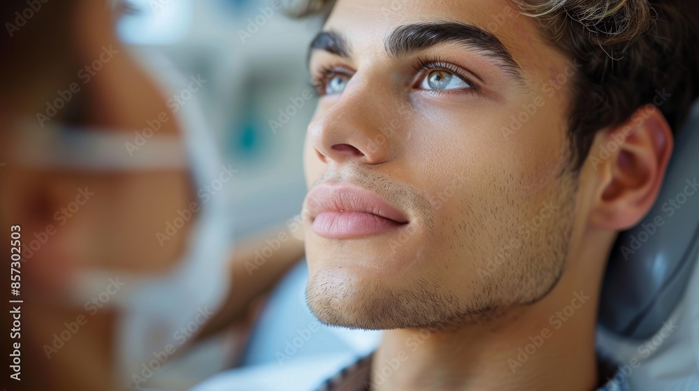 A close-up shot of a man lying down, looking relaxed while receiving a facial treatment at a spa. A beautician is attending to him in a clean and well-lit environment. A close-up shot of a man lying down, looking relaxed while receiving a facial treatment at a spa. A beautician is attending to him in a clean and well-lit environment.