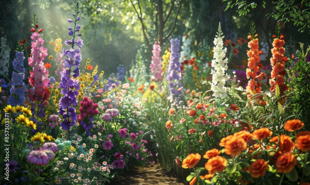 Flowers in full bloom in a sunlit garden Flowers in full bloom in a sunlit garden