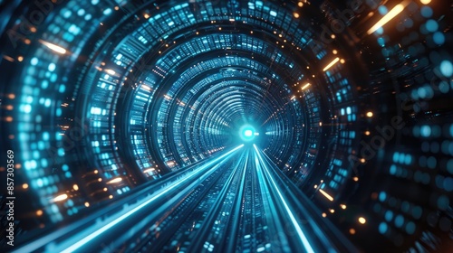 Digital Velocity A futuristic tunnel, awash in digital lights, pulses with a glowing blue core, symbolizing the rapid flow of data and the boundless potential of advanced technology