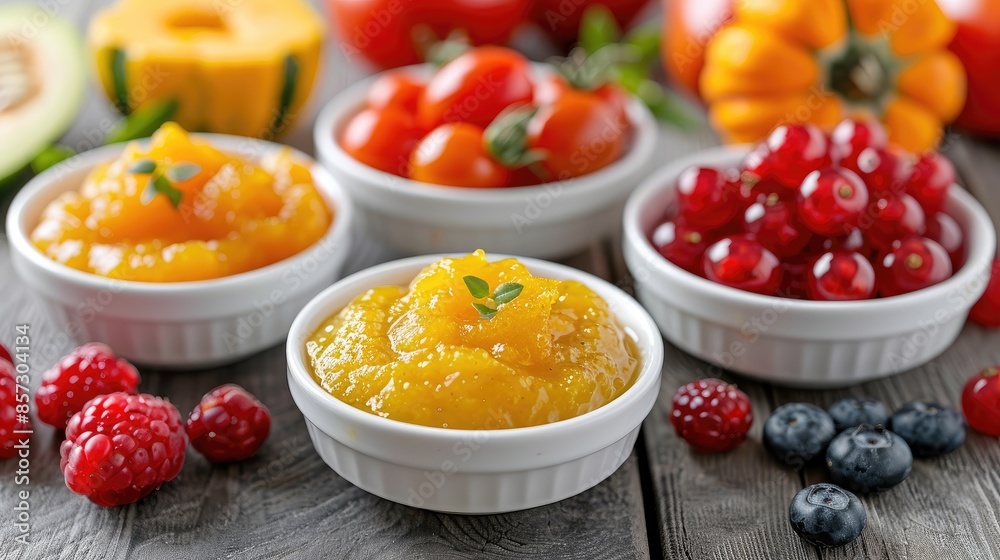 Infant food Tiny bowls brimming with vibrant purees of sunshine-yellow squash, ruby-red tomatoes, and the sweet, blushing hues of berries Infant food Tiny bowls brimming with vibrant purees of sunshine-yellow squash, ruby-red tomatoes, and the sweet, blushing hues of berries