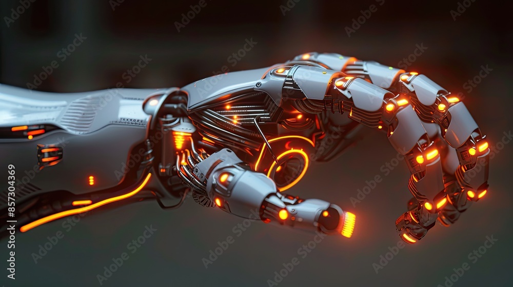 Mechanical Marvel A futuristic robotic hand, glowing with orange lights, exemplifies the intricate details and advanced technology of a sci-fi world Mechanical Marvel A futuristic robotic hand, glowing with orange lights, exemplifies the intricate details and advanced technology of a sci-fi world