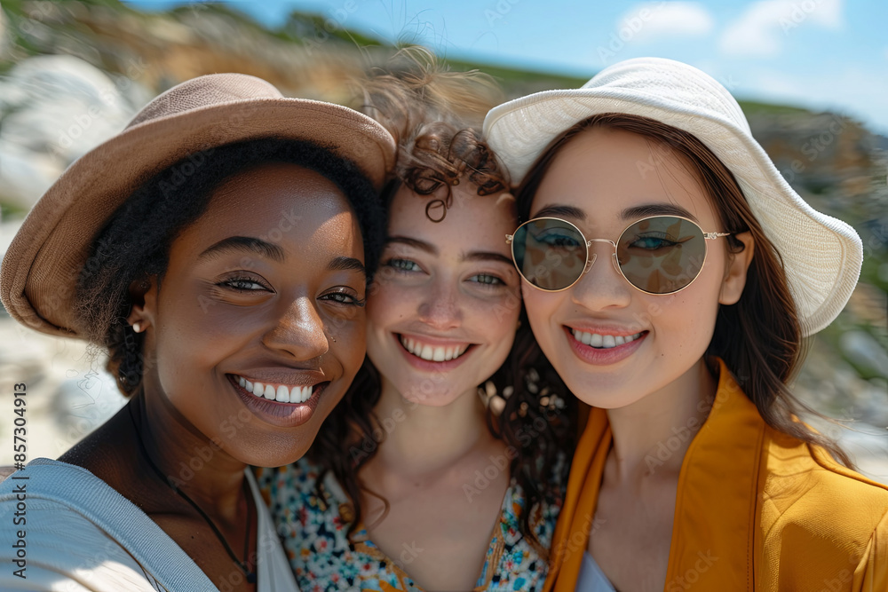 Group of three happy multiethnic friends looking at camera. Portrait of young women of different cultures enjoying vacation together. Smiling Group of three happy multiethnic friends looking at camera. Portrait of young women of different cultures enjoying vacation together. Smiling