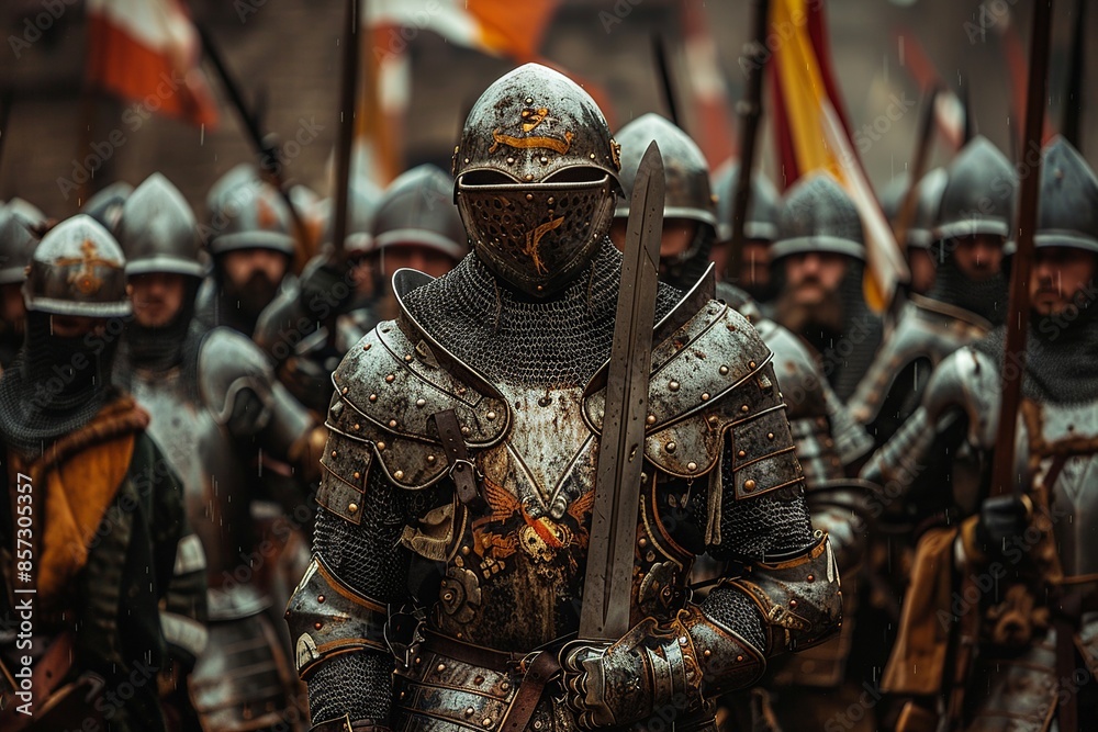 Experience history in this professional image featuring the Dutch army during the Middle Ages, presenting valorous soldiers adorned in authentic medieval armor Experience history in this professional image featuring the Dutch army during the Middle Ages, presenting valorous soldiers adorned in authentic medieval armor