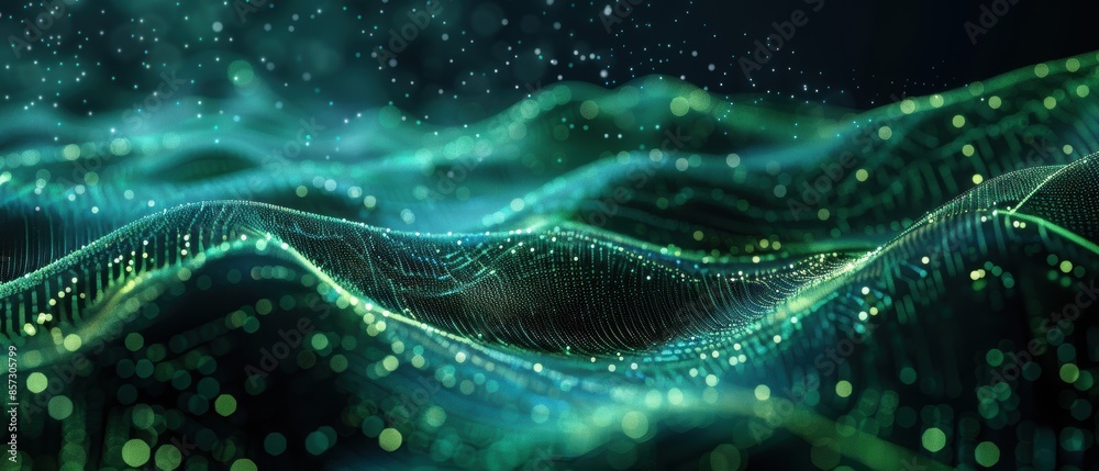 Futuristic green digital landscape, holographic data streams and interface elements, dark background, copy space Futuristic green digital landscape, holographic data streams and interface elements, dark background, copy space