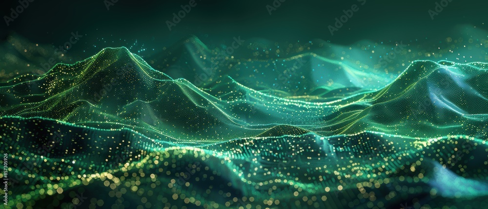 Fototapeta premium Futuristic green digital landscape, holographic data streams and interface elements, dark background, copy space