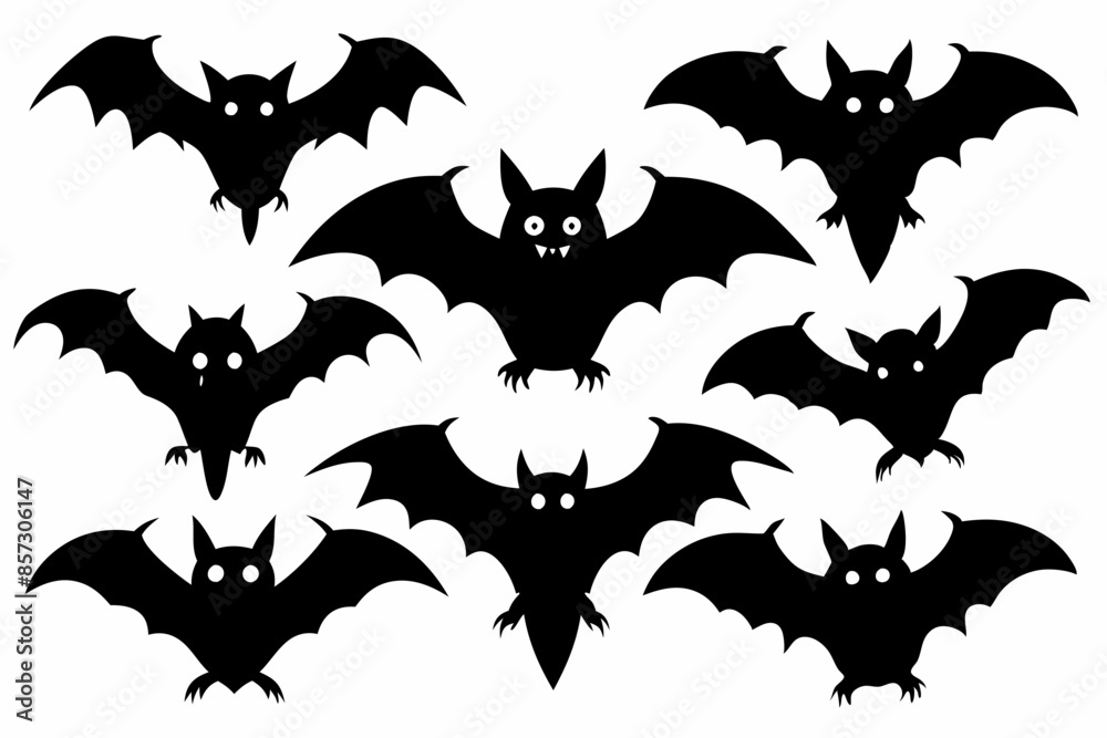 Halloween bat set. Black silhouette Halloween bat vector illustration, set of halloween bats