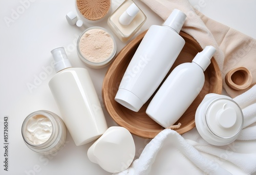 Cosmetic products for female body care line for skin care with towels AI Generated