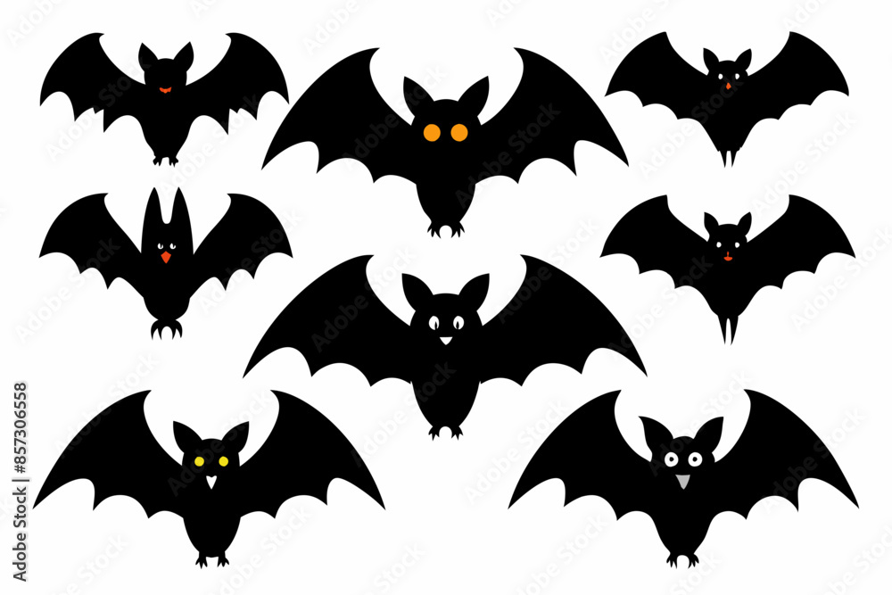Halloween bat set. Black silhouette Halloween bat vector illustration, set of halloween bats