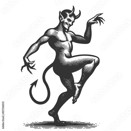 dancing devil with horns and tail, showcasing a mischievous and playful character sketch engraving generative ai fictional character vector illustration. Scratch board imitation. Black and white image