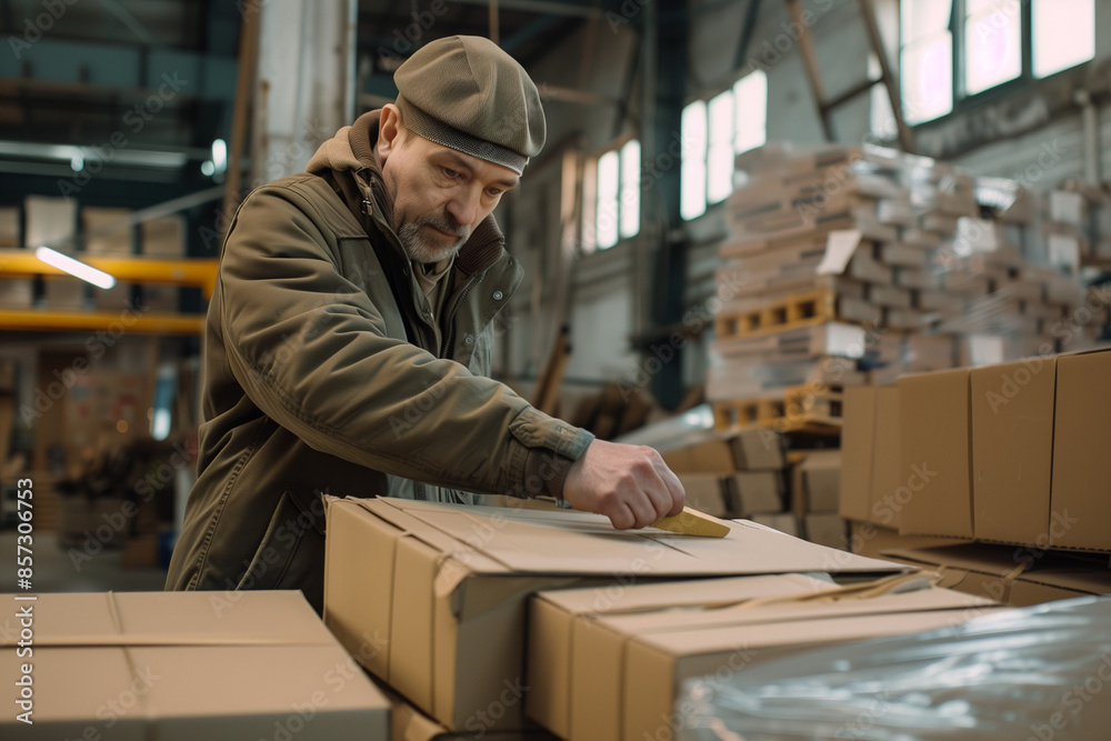 Male warehouse worker sealing cardboard boxes, showcasing efficient packaging and shipping processes in an industrial setting Male warehouse worker sealing cardboard boxes, showcasing efficient packaging and shipping processes in an industrial setting