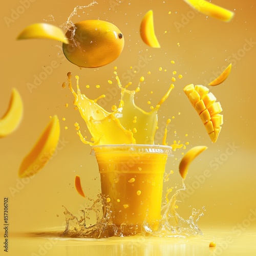 commercial product advertising for mango juice in a plastic cup with splashing juice and fruits