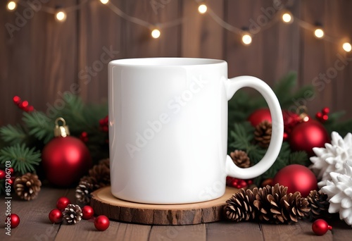 Coffee mug mockup with Christmas decorations on the wooden table AI Generated photo