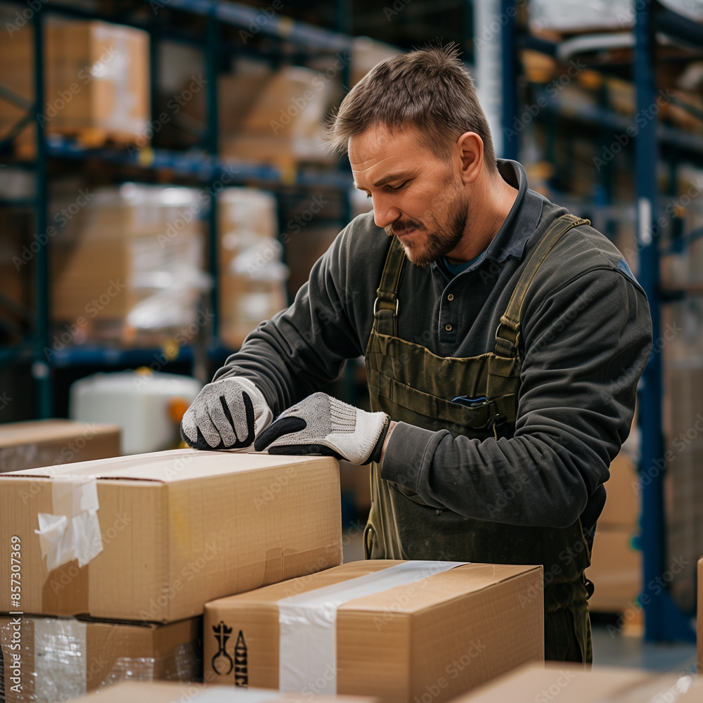 Male warehouse worker sealing cardboard boxes, showcasing efficient packaging and shipping processes in an industrial setting Male warehouse worker sealing cardboard boxes, showcasing efficient packaging and shipping processes in an industrial setting