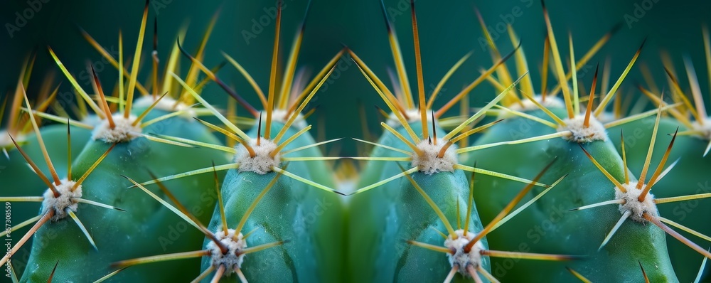 Close-up of green cactus with sharp yellow spines, macro photography. Nature and botanical concept