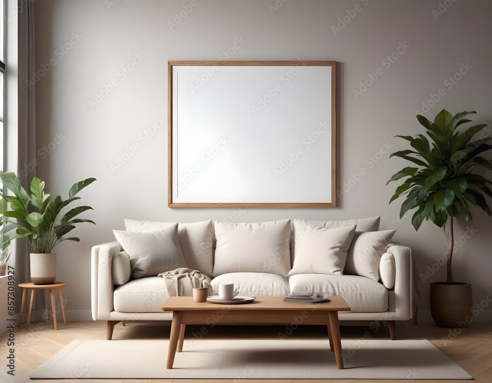 Wooden Wall Art Frame mockup in living room interior background modern style AI Generated Wooden Wall Art Frame mockup in living room interior background modern style AI Generated