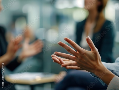 Hands of a professional making a point in a team meeting, with blurred colleagues in the background, highlighting teamwork and communication.