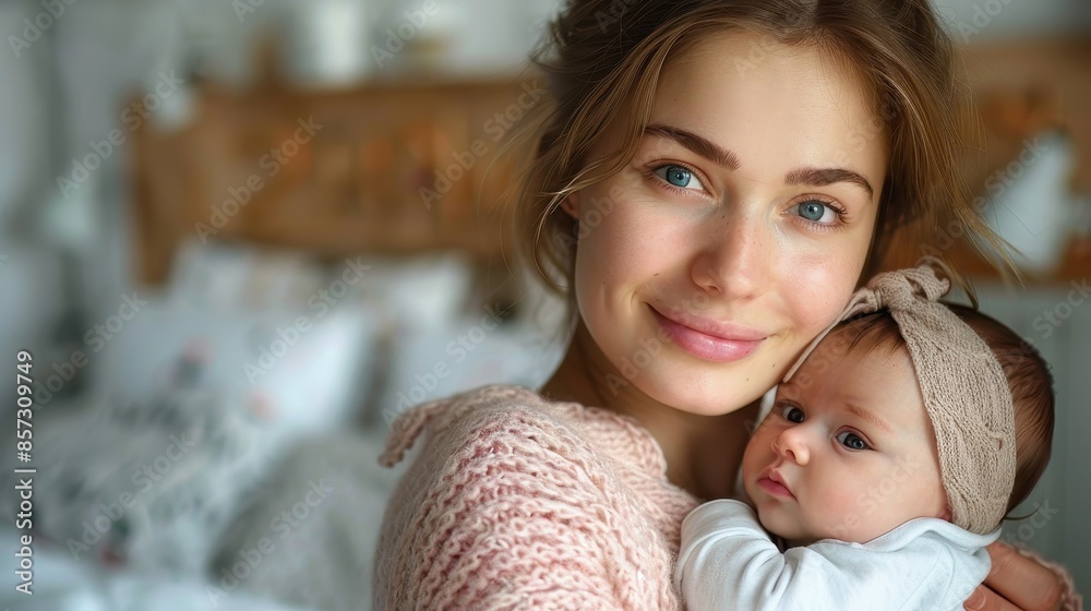 Obraz premium A young mother with a joyful smile lovingly cradles her baby in her arms; their hearts connecting in a tender embrace that signifies the profound bond between parent and child.