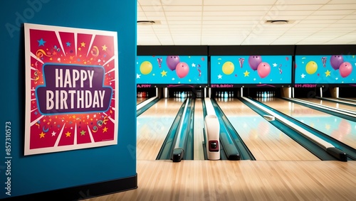 realistic photography of a birthday in a bowling alley background