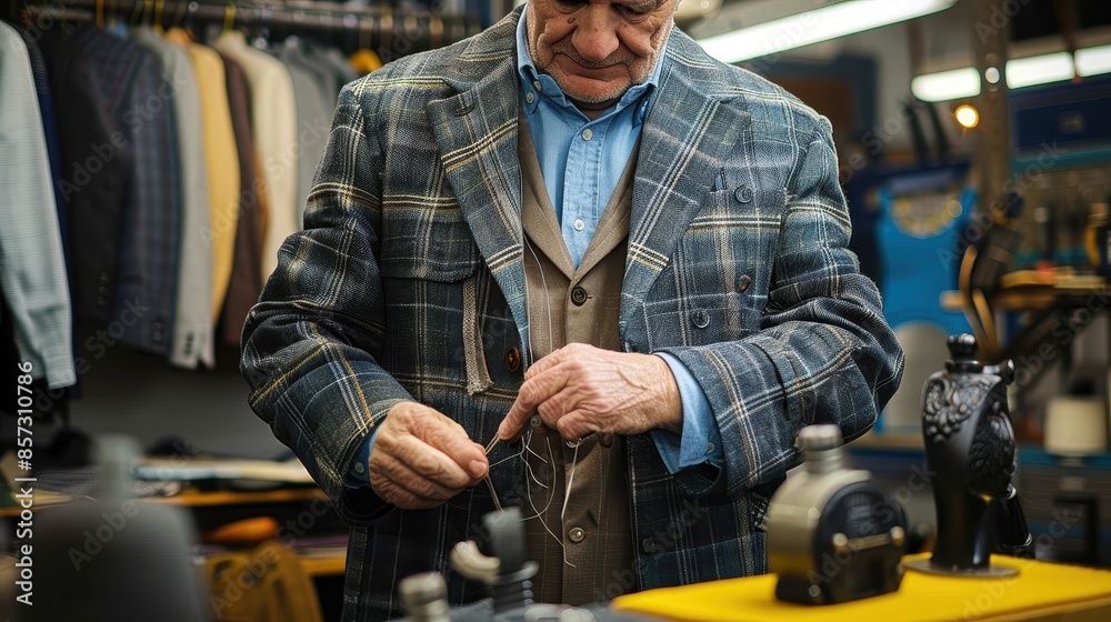 A detailed photograph of a tailor in a plaid jacket threading a needle with precision, surrounded by tools and fabrics in a shop environment showcasing craftsmanship. A detailed photograph of a tailor in a plaid jacket threading a needle with precision, surrounded by tools and fabrics in a shop environment showcasing craftsmanship.