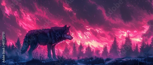 Glowing neon outlines of a wolf pack under the neon sky photo