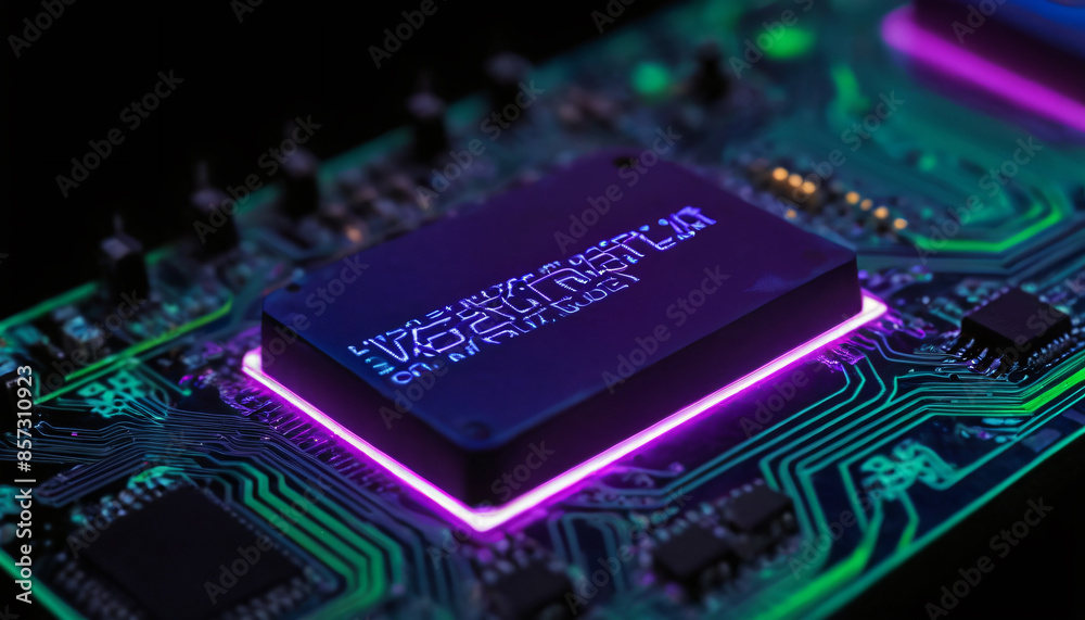 computer chip on neon AI circuit board computer chip on neon AI circuit board