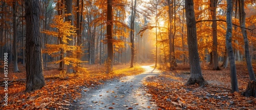 Golden autumn forest with tall trees, fallen leaves, and a winding path, creating a warm and inviting scene