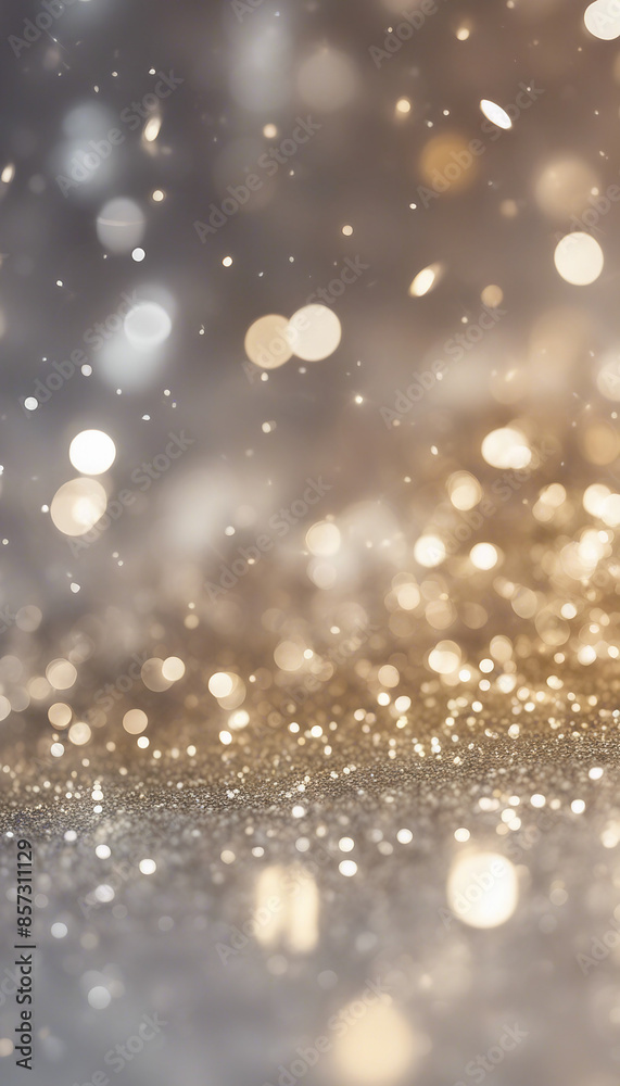 Silver white and gold vertical abstract background with copy space bokeh lights and glitter on weddi Silver white and gold vertical abstract background with copy space bokeh lights and glitter on weddi