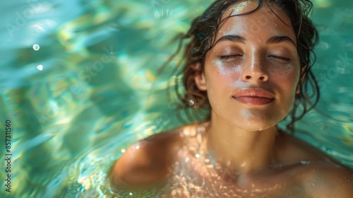 A serene woman with closed eyes wades in soothing water, capturing a tranquil moment of peace, calm, and natural beauty amidst the reflective aquatic setting. © Pinklife