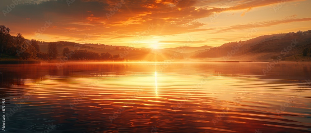 Golden hour light on a calm lake with reflections, Golden hour light on a calm lake with reflections,