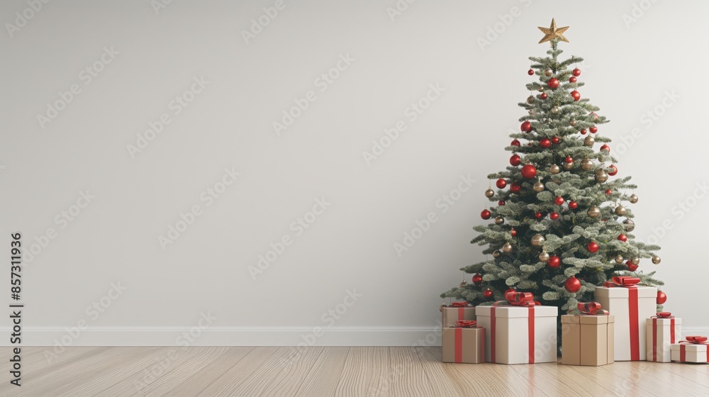 Classic Christmas Tree with Gold and Silver Decorations. Christmas tree adorned with gold and silver ornaments. Minimalistic holiday scene for seasonal decor. Christmas celebration concept. Classic Christmas Tree with Gold and Silver Decorations. Christmas tree adorned with gold and silver ornaments. Minimalistic holiday scene for seasonal decor. Christmas celebration concept.