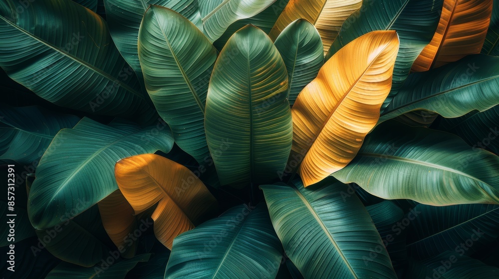 custom made wallpaper toronto digitalClose-up of tropical banana leaves with green and yellow hues, nature background. Botanical and lush foliage concept