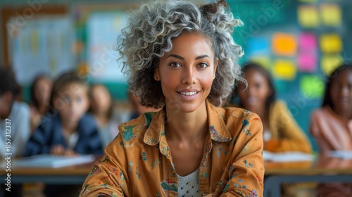 Wallpaper Mural A bright and cheerful teacher engages with a class of curious students, creating an inspiring and nurturing learning environment in a colorful classroom. Torontodigital.ca