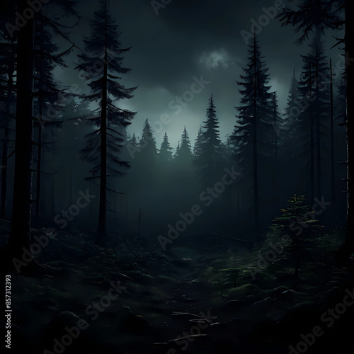night view of the forest with a dark background, trees mountains land hills valleys at night, Generative AI photo