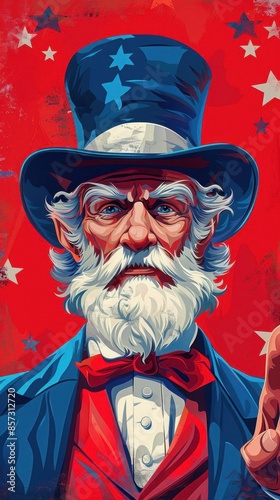 Cute Uncle Sam cartoon, vibrant red background, midshot, 4th of July theme, festive and patriotic, space for copy