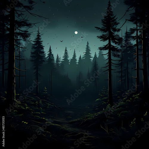 night view of the forest with a dark background, trees mountains land hills valleys at night, Generative AI photo