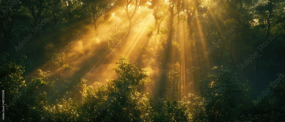 Fototapeta premium Golden hour light streaming through a dense forest,