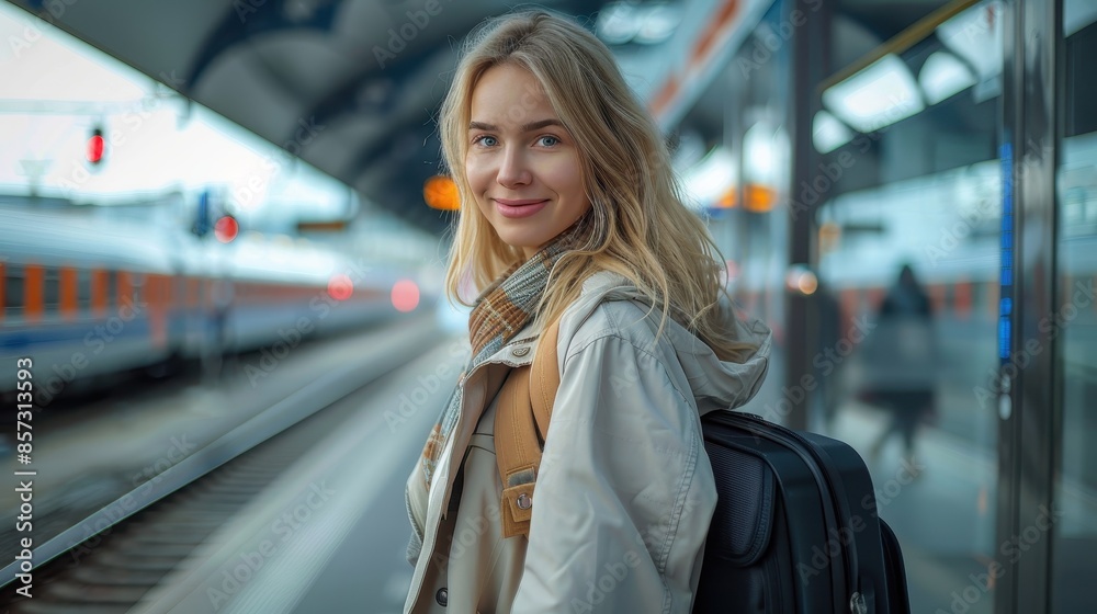 Fototapeta premium A woman stands on a station platform with a train in the background, smiling and ready for a journey, embodying the spirit of modern travel and urban exploration.