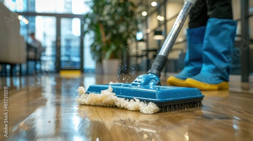 Wallpaper Mural A person uses a water mop on a hardwood floor in a stylish home setting, highlighting the effectiveness of modern cleaning tools in maintaining a spotless living environment. Torontodigital.ca