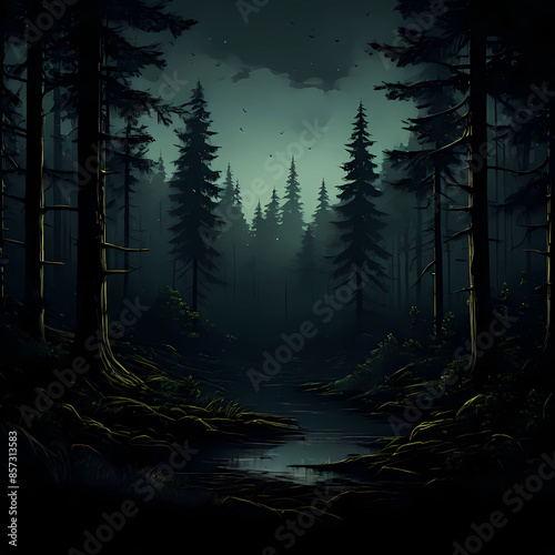 night view of the forest with a dark background, trees mountains land hills valleys at night, Generative AI photo
