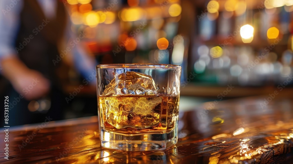 A crystal glass of whiskey sits on a rustic wooden bar counter, with warm, golden ambient lights in the background creating a cozy and inviting atmosphere.