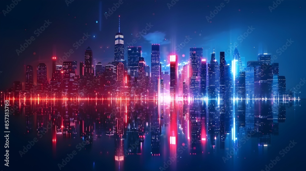 Dazzling City Skyline Illuminated with Vibrant Lights and Minimalist Design