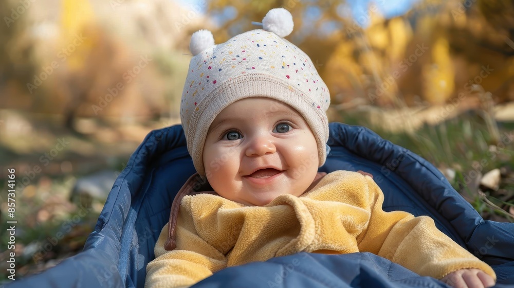 An adorable baby smiles brightly while wearing a cute, fuzzy yellow outfit and a beanie decorated with pom-poms, lying on a blue blanket in a scenic outdoor autumn setting. An adorable baby smiles brightly while wearing a cute, fuzzy yellow outfit and a beanie decorated with pom-poms, lying on a blue blanket in a scenic outdoor autumn setting.