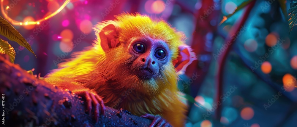Golden lion tamarin monkey in vibrant neon forest, , glowing trees in background Golden lion tamarin monkey in vibrant neon forest, , glowing trees in background